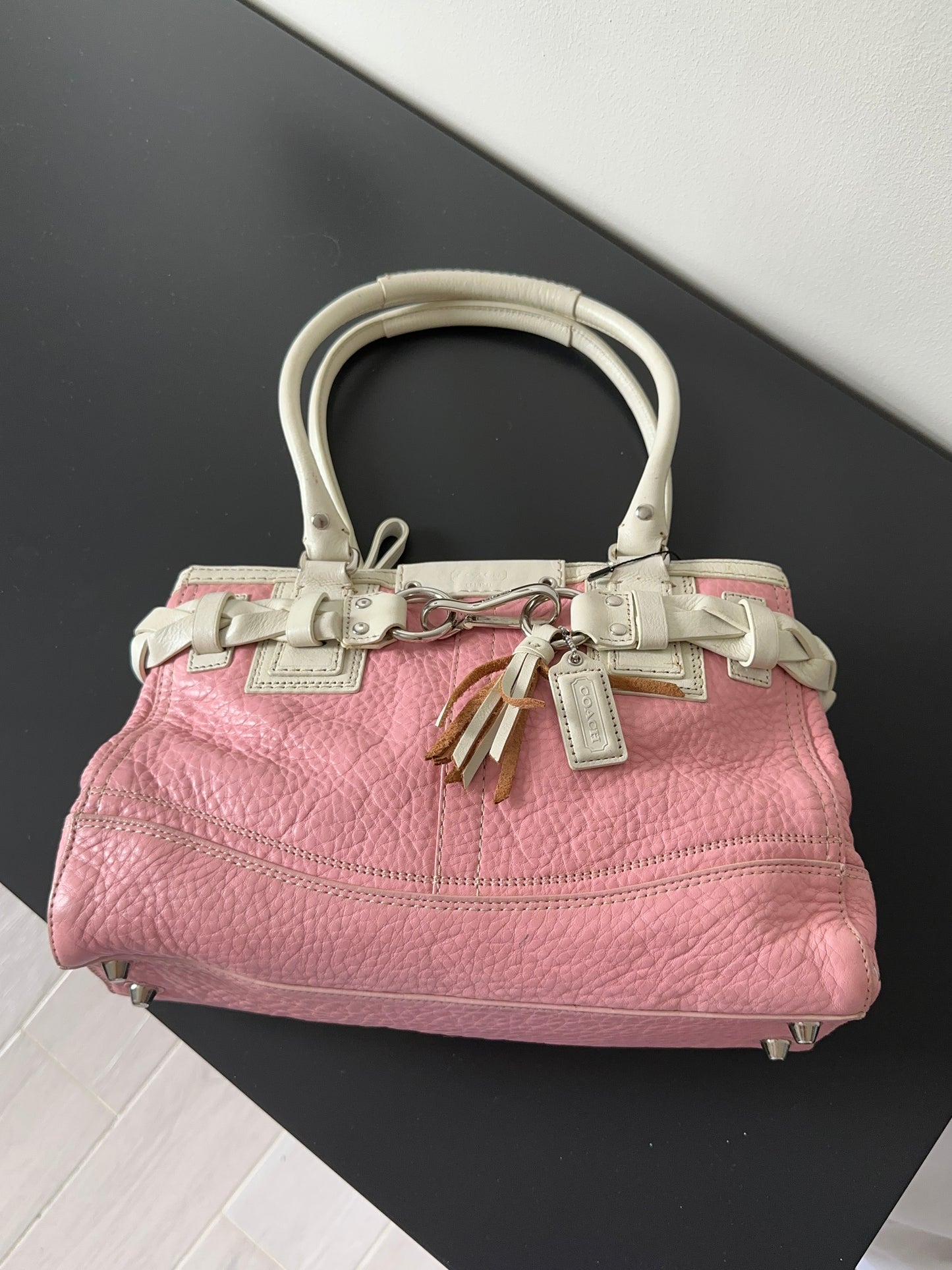 Pink White Pebbled Leather Satchel Handbag Braided Tassel