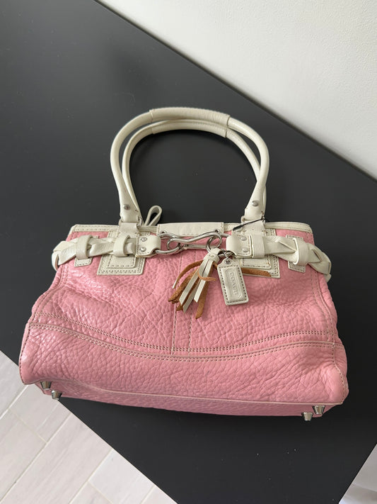 Pink White Pebbled Leather Satchel Handbag Braided Tassel