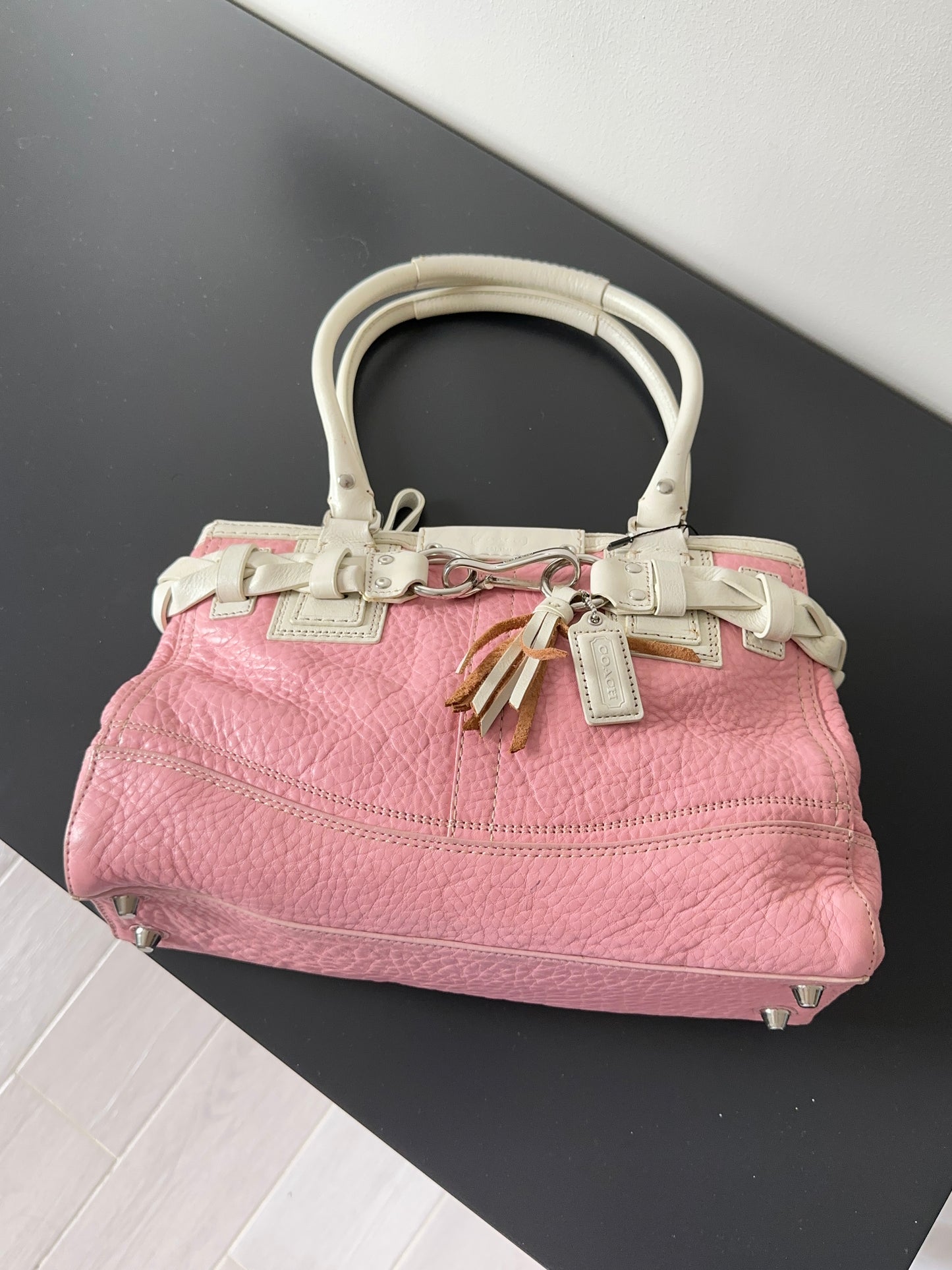 Pink White Pebbled Leather Satchel Handbag Braided Tassel