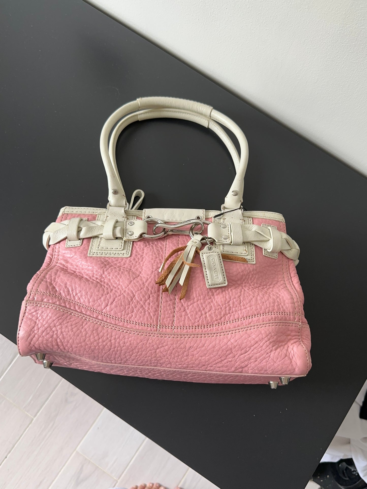 Pink White Pebbled Leather Satchel Handbag Braided Tassel