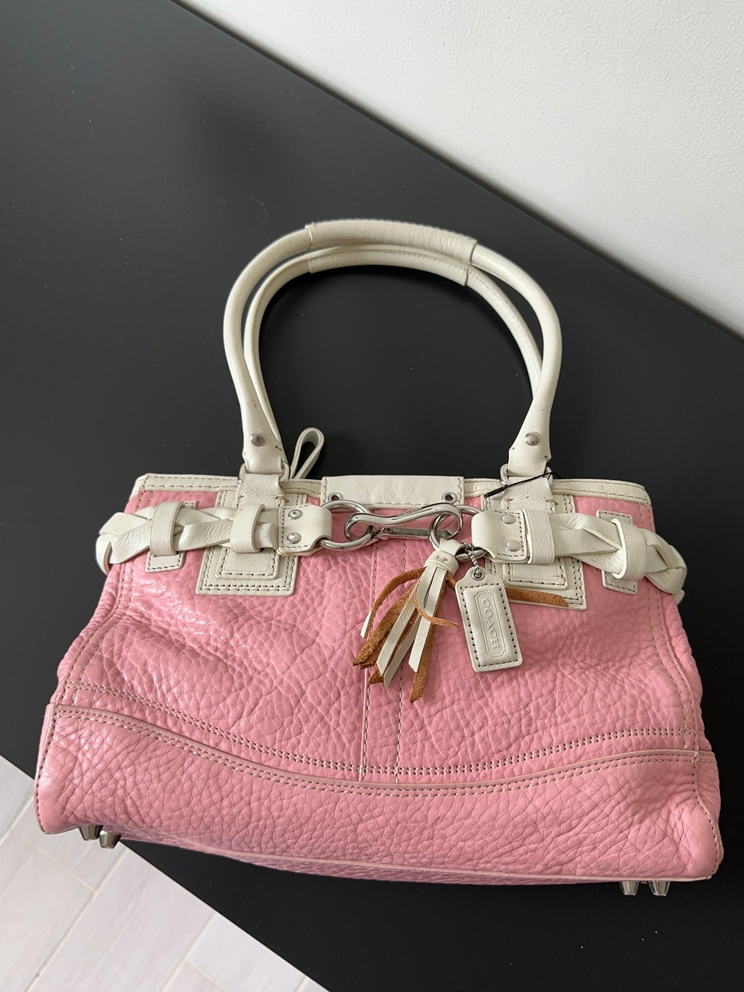 Pink White Pebbled Leather Satchel Handbag Braided Tassel