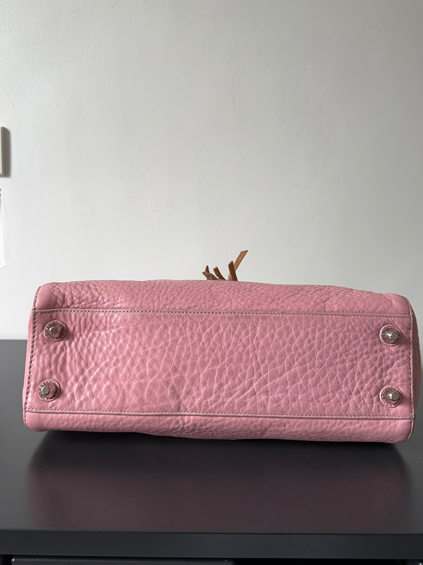 Pink White Pebbled Leather Satchel Handbag Braided Tassel