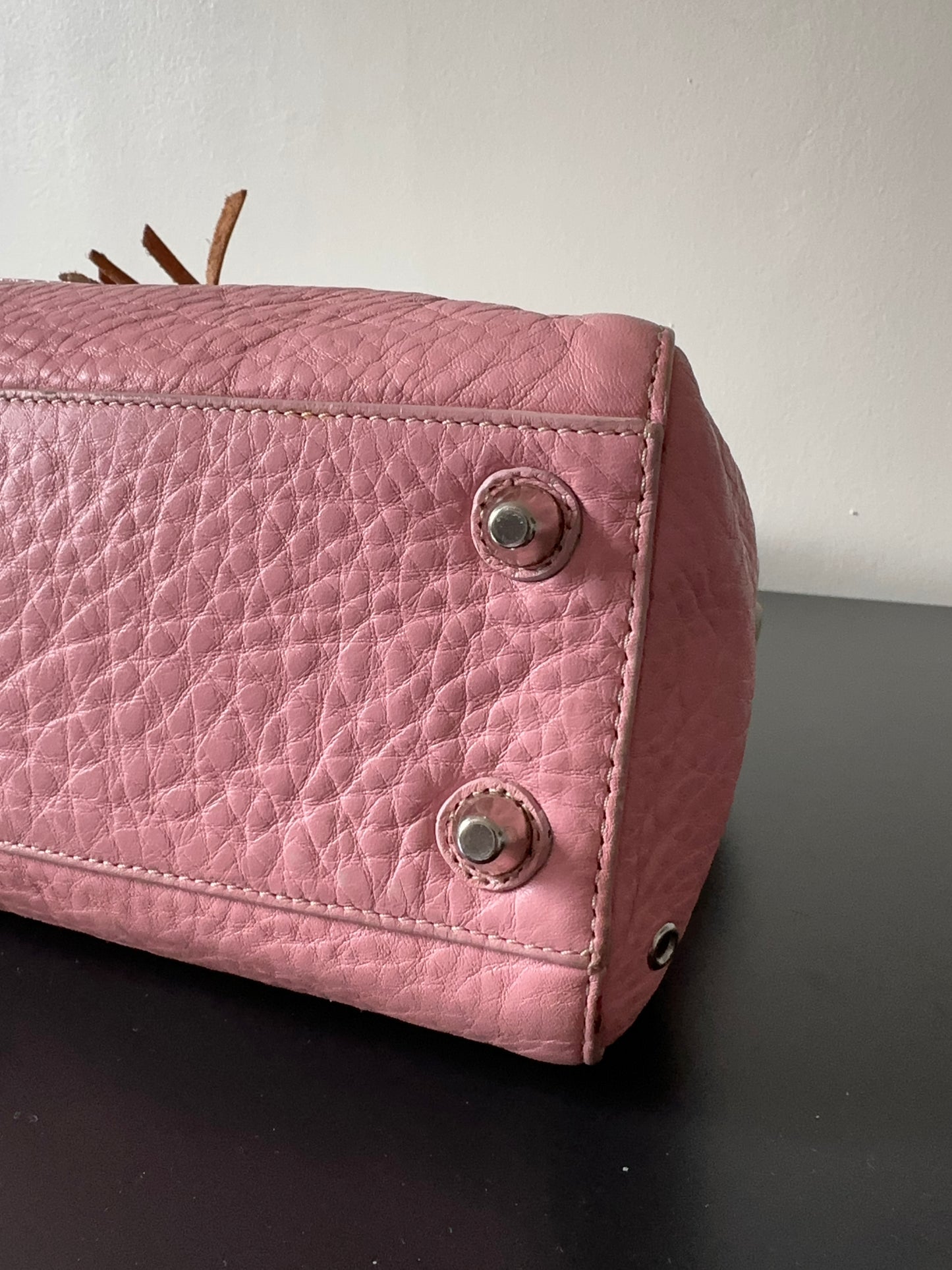 Pink White Pebbled Leather Satchel Handbag Braided Tassel