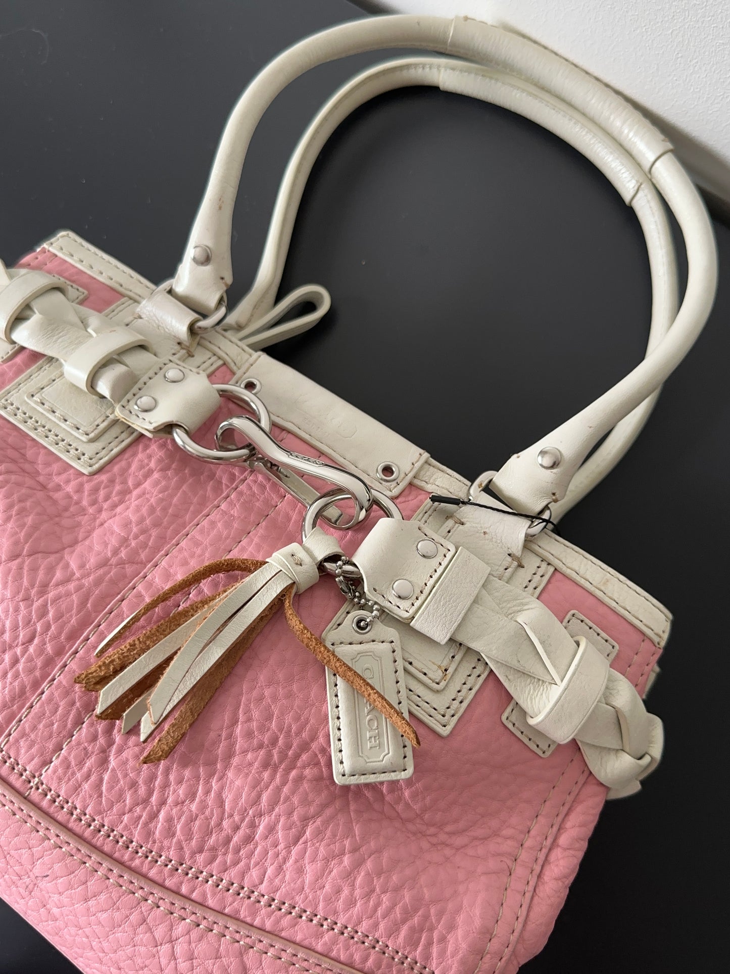 Pink White Pebbled Leather Satchel Handbag Braided Tassel