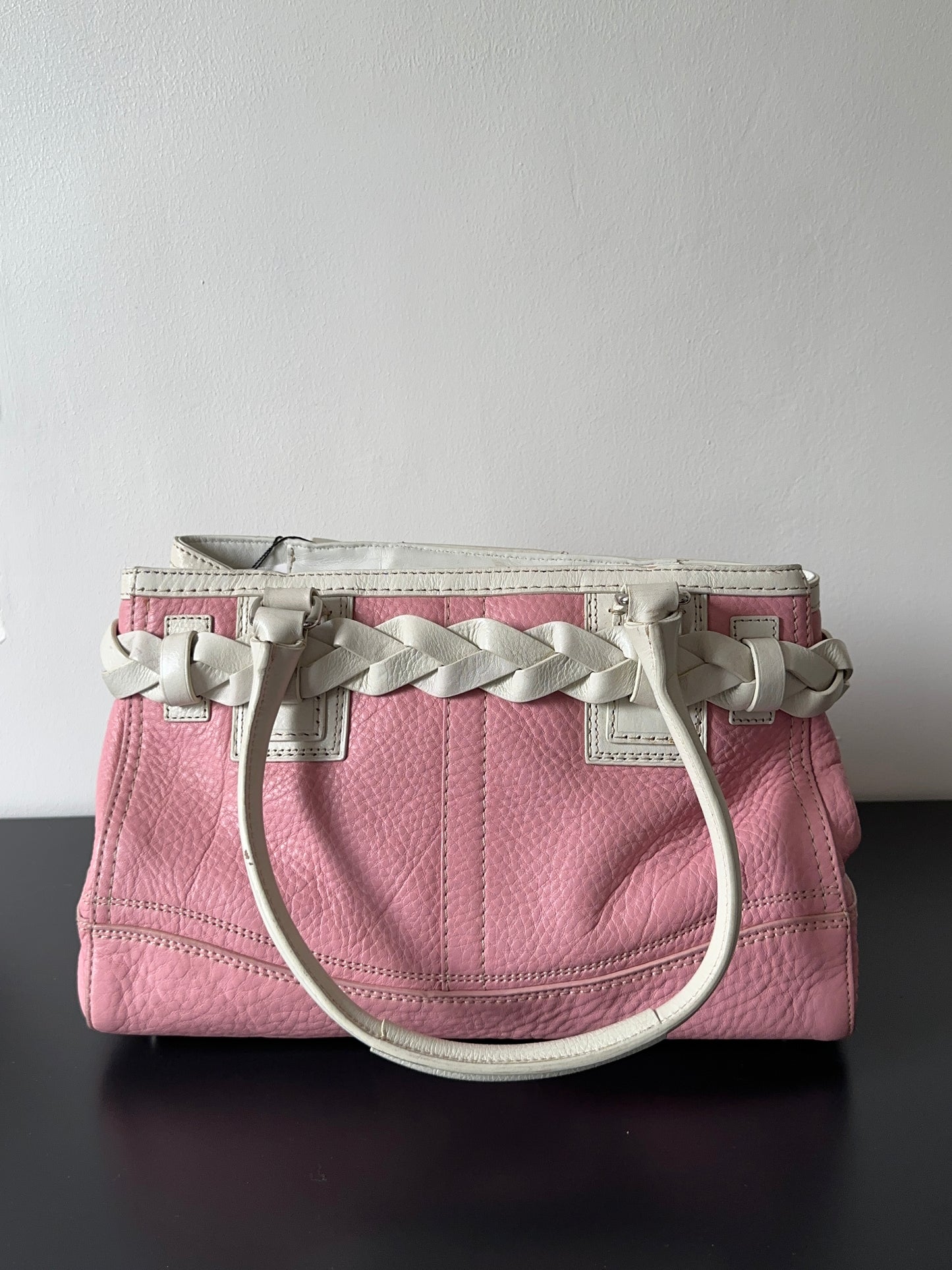 Pink White Pebbled Leather Satchel Handbag Braided Tassel