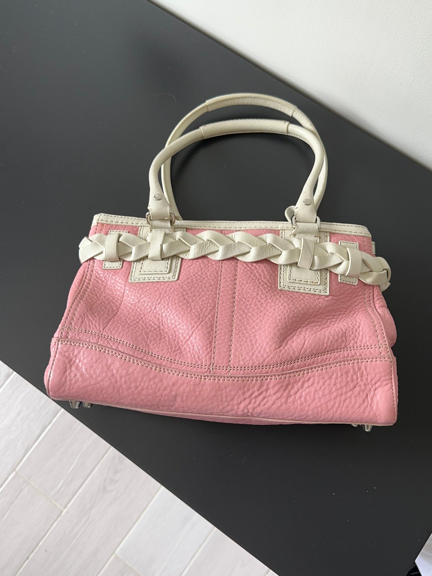 Pink White Pebbled Leather Satchel Handbag Braided Tassel
