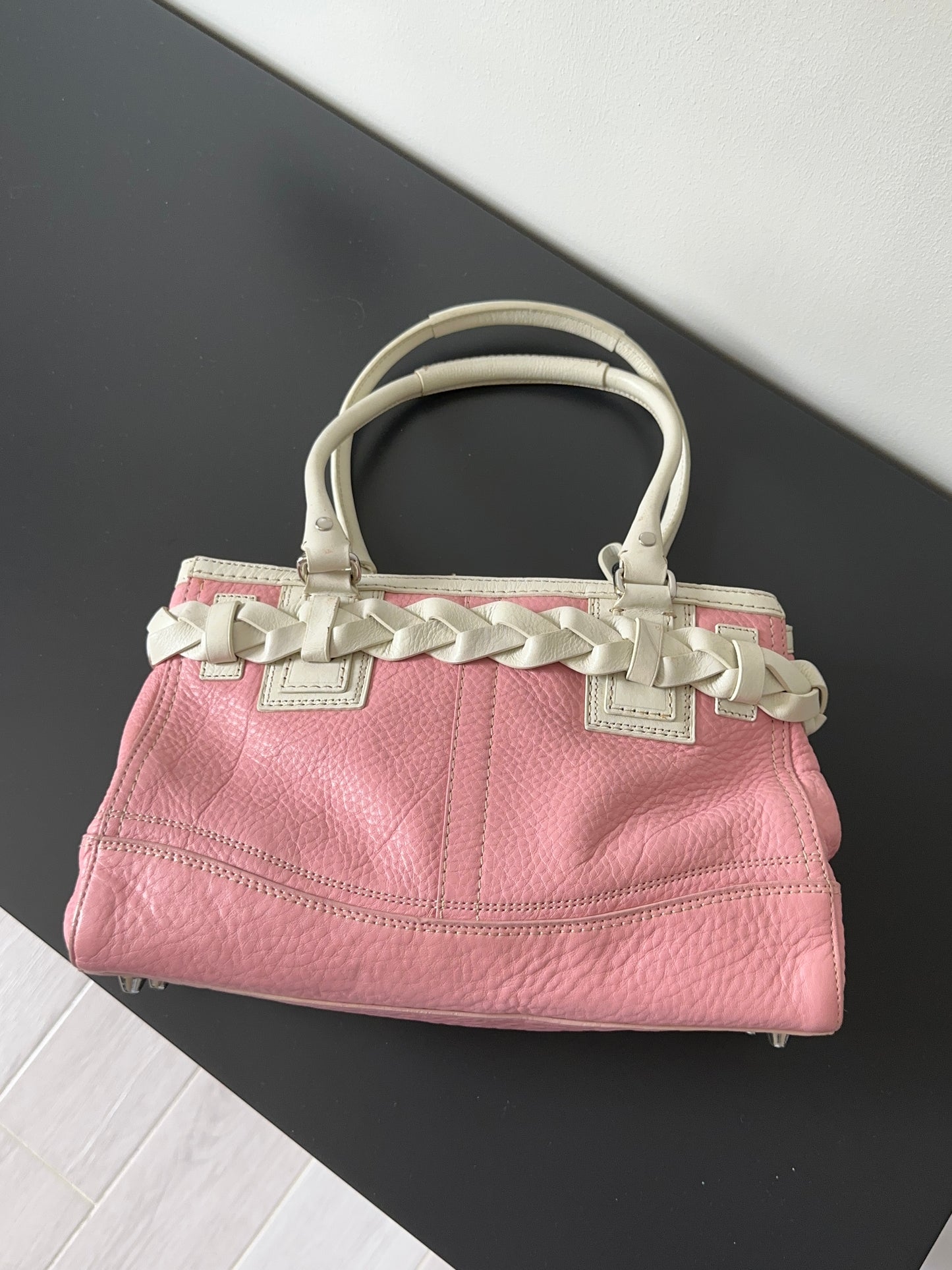 Pink White Pebbled Leather Satchel Handbag Braided Tassel