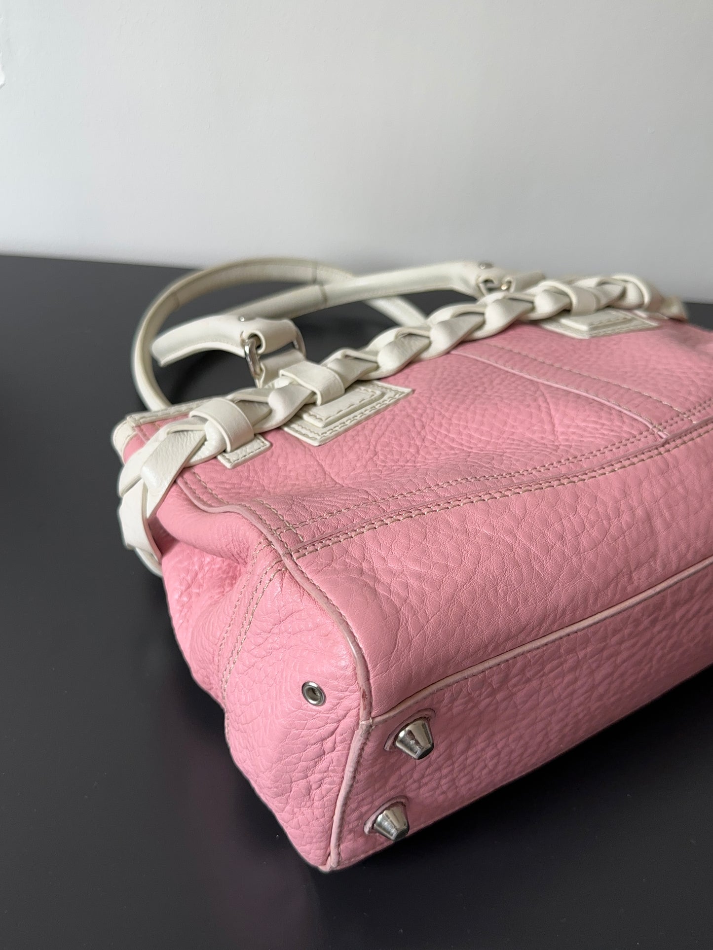 Pink White Pebbled Leather Satchel Handbag Braided Tassel